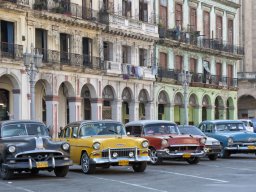 Central Havana Vieja Vintage Cars On Line In Front Of Old Buildings